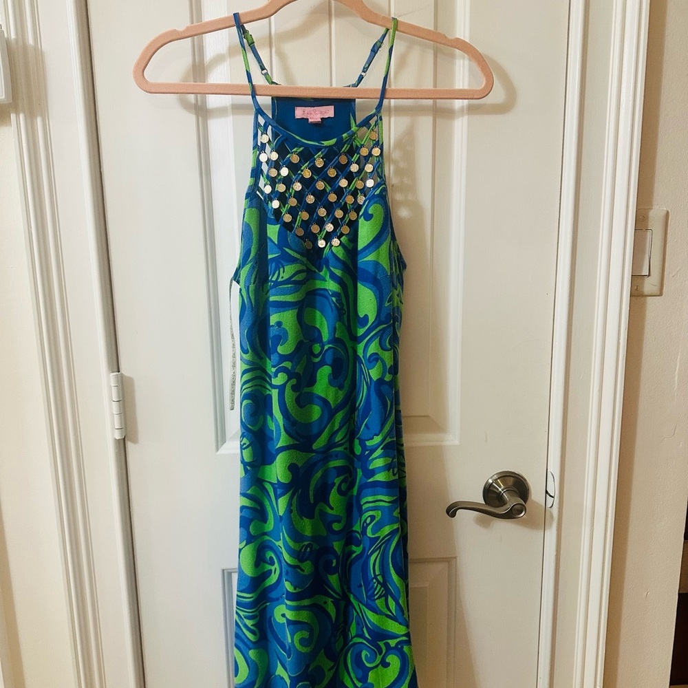 Blue and Green Lilly Pullitzer with gold detail along chest.